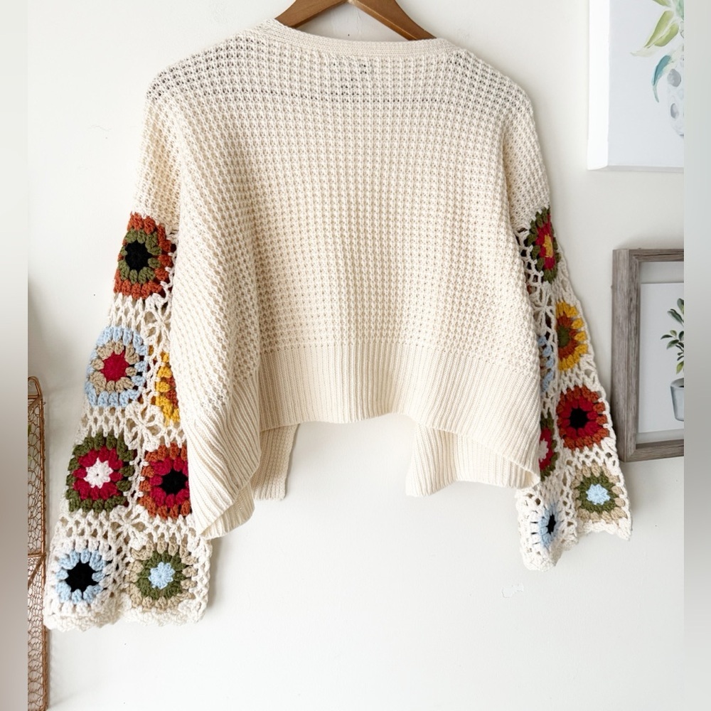 Boho Crochet Granny Square Sleeve Cardigan Cream Open Knit Sweater Size Small - Picture 14 of 16